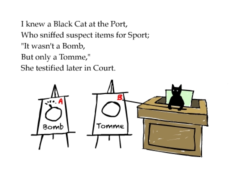 I knew a Black Cat at the Port, Who sniffed suspect items for Sport; 'It wasn't a Bomb, But only a Tomme,' She testified later in Court.